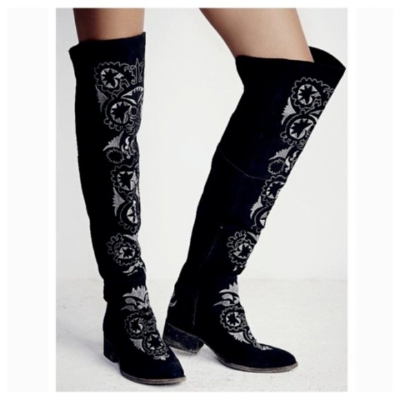 Free People Black High Noon Suede Embroidered Over Knee  Free People | High Noon Suede Embroidered Over Knee Boots